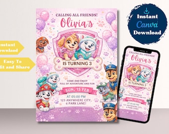 Paw-ty Birthday Invitation Template: Puppy Patrol, Kids Bday (Instant Download)