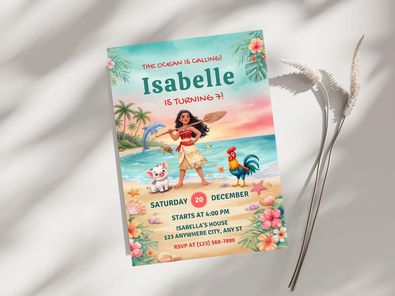 Editable Moana Birthday Invitation | Canva Template Evite | Printable Ocean Theme Party Invite for Girl | Digital Download Invitation