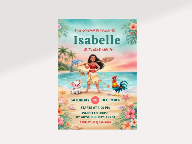 Editable Moana Birthday Invitation | Canva Template Evite | Printable Ocean Theme Party Invite for Girl | Digital Download Invitation
