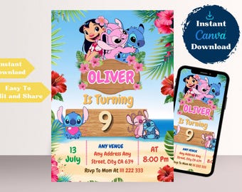 Lilo & Stitch Birthday Invitation, Editable Canva Template, Kids Party Invite (Digital Download)