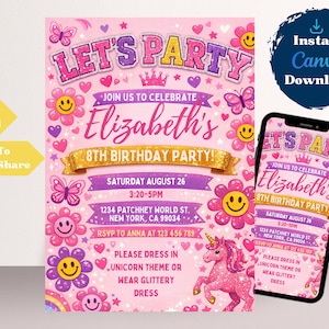May include: A pink and purple birthday party invitation with the text "LET'S PARTY" and "Elizabeth's 8th Birthday Party!" The design includes flowers, butterflies, and a unicorn. A smartphone displays the same invitation.