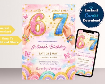 Six Seven Birthday Invitation, 7th Birthday Invitation, I Was 6 Now I'm 7 Birthday Invitation Rainbow, Editable Canva template