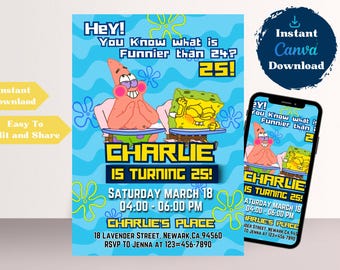Editable Spongebob Birthday Invitation Template | Printable Sponge bob invite | Party Invitations | Digital Kids Invite | Instant Download