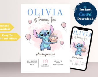 Editable Stitch Birthday Invitation Boys Template | Stitch Party Invitation | Stitch Bday evite | Cartoon Birthday Invitation JPD10
