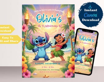 Lilo & Stitch Birthday Invitation, Editable Canva Template, Kids Party Invite (Digital Download)
