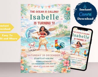 Editable Moana Birthday Invitation | Canva Template Evite | Printable Ocean Theme Party Invite for Girl | Digital Download Invitation