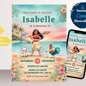 Editable Moana Birthday Invitation | Canva Template Evite | Printable Ocean Theme Party Invite for Girl | Digital Download Invitation
