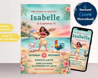 Editable Moana Birthday Invitation | Canva Template Evite | Printable Ocean Theme Party Invite for Girl | Digital Download Invitation