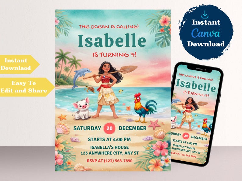 Editable Moana Birthday Invitation | Canva Template Evite | Printable Ocean Theme Party Invite for Girl | Digital Download Invitation