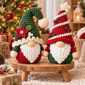 May include: Two handmade crochet gnomes featuring festive holiday designs. The left gnome has a green hat with a red poinsettia, while the right gnome wears a red hat with a white star topper. Both have white beards and round noses.