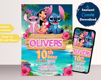 Lilo & Stitch Birthday Invitation, Editable Canva Template, Kids Party Invite (Digital Download)