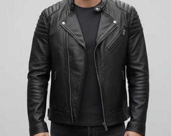 Męska czarna skórzana kurtka motocyklowa z jagnięcej skóry: asymetryczny zamek błyskawiczny w stylu motocyklowym