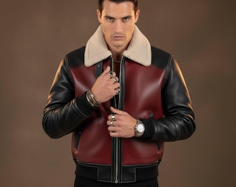 Męska kurtka lotnicza RAF Aviator Shearling B3 Bomber ze skóry naturalnej, ręcznie robiony płaszcz futrzany z kołnierzem Brando