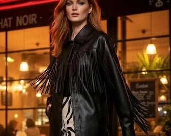 Damska czarna kurtka ze sztucznej skóry z frędzlami, oversize'owa koszula w stylu western boho, modna odzież wierzchnia w stylu streetwear