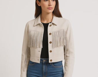 Kremowa kurtka z frędzlami ze sztucznego zamszu: krótki płaszcz w stylu western kowbojka boho z frędzlami