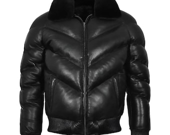 Męska kurtka typu bomber z czarnej owczej skóry – miękki kołnierz, ciepła, puchowa kurtka zimowa Ace