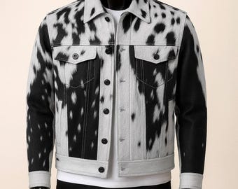 Ręcznie robiona kurtka ze skóry bydlęcej, czarno-biała, z włosem, w stylu western, oryginalna, modna kurtka