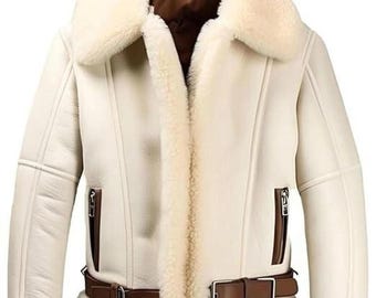 Męska kurtka typu bomber Aviator B3 z prawdziwej skóry owczej w kolorze kremowym ze sztucznym futerkiem