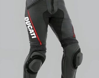 Spodnie motocyklowe skórzane Ducati, spodnie wyścigowe z krowiej skóry z ochraniaczem dla motocyklistów