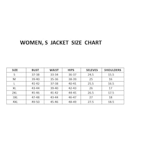 May include: A white chart with black text titled "WOMEN, S JACKET SIZE CHART". The chart lists sizes S to 4XL with bust, waist, hips, sleeves, and shoulder measurements in inches. Ideal for online clothing retailers.