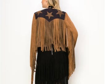 Kurtka z prawdziwej skóry z frędzlami – nadruk ze skóry bydlęcej, styl western rodeo