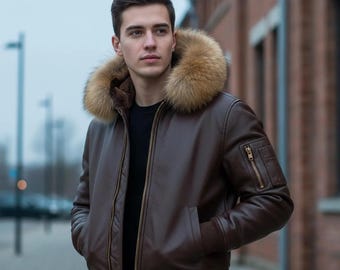 Kurtka typu bomber ze skóry naturalnej z kapturem – luksusowe wykończenie z futra lisa, męski płaszcz zimowy