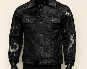 Ręcznie robiona rustykalna kurtka ze skóry bydlęcej w kolorze czarnym z włosiem, płaszcz z prawdziwej skóry kowbojskiej