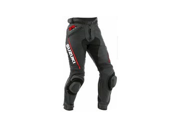 Skórzane spodnie motocyklowe Suzuki GSXR – ochrona kolan CE, suwaki gąsienicowe