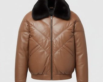 Kurtka puchowa unisex z czystej skóry: ciemnobrązowa kurtka typu bomber z kołnierzem futrzanym