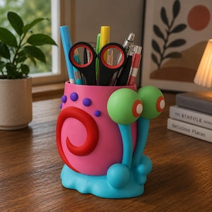 Op de afbeelding: Een roze bureau-organizer in de vorm van een slak met een rode spiraalvormige schelp, een blauwe basis en twee groene oogstelen. De houder bevat diverse kantoorbenodigdheden, waaronder pennen, potloden en een zwarte schaar voor opslag.