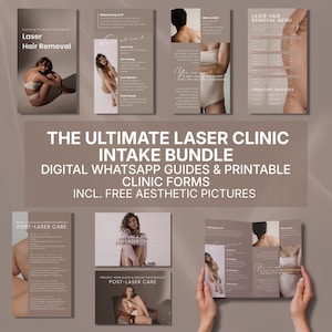May include: A promotional bundle for a laser clinic, featuring brochures and informational materials. The design includes images of people and text such as "Laser Hair Removal" and "The Ultimate Laser Clinic Intake Bundle". The color scheme is primarily beige and brown.