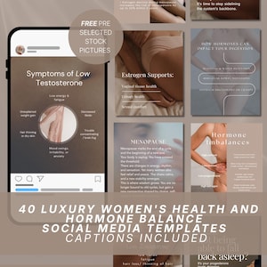 Peut inclure: Une collection de 40 modèles de réseaux sociaux pour la santé et l'équilibre hormonal, avec des palettes de couleurs beige et marron et des superpositions de texte sur les symptômes de la faible testostérone, la ménopause et les déséquilibres hormonaux.
