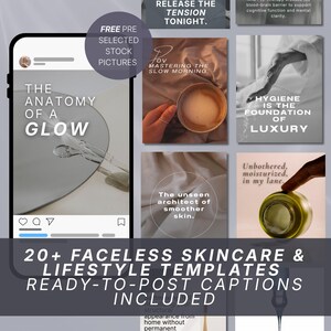 May include: A digital collection of 20+ faceless skincare and lifestyle social media templates featuring various aesthetic images, including a smartphone interface, coffee, skincare jars, and text overlays like The Anatomy of a Glow.