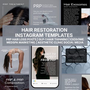 May include: Promotional graphic for hair restoration treatments. The image includes text about PRP, hair exosomes, and GLP-1 hair loss. It also features information on what to expect from PRP treatments and the PRP composition.