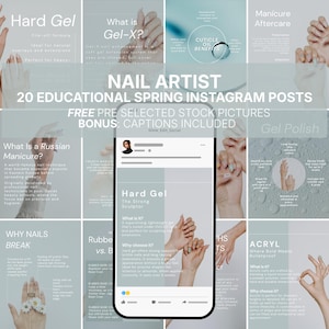 Peut inclure: Un collage de publications Instagram éducatives sur l'art des ongles, avec du texte tel que "Hard Gel" et "Gel-X". L'image comprend une fausse publication sur les réseaux sociaux intitulée "Hard Gel: The Strong Sculptor".