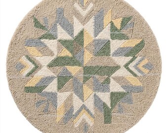 Alfombra moderna de lana tejida a mano con diseño de explosión estelar en 3D, alfombra geométrica redonda escultural en beige y verde salvia, arte de piso circular de lujo artesanal de primera calidad