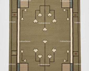Alfombra de lana anudada a mano, verde salvia, estilo Mission, con diseño geométrico, ideal para decorar suelos.