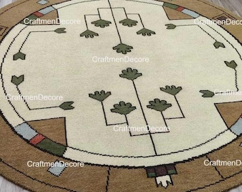 Alfombra minimalista floral de lana anudada a mano, alfombra moderna de loto en marrón caqui y beige, alfombra geométrica circular de lujo artesanal de primera calidad.