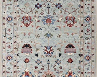 Alfombra de lana anudada a mano, alfombra persa con medallón floral azul cielo.