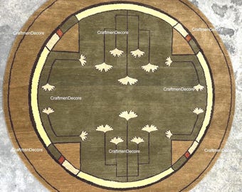 Alfombra minimalista de lana anudada a mano con diseño floral, alfombra moderna de loto en verde oliva y marrón caqui, alfombra de lujo artesanal con borde circular.