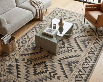 Alfombra de lana anudada a mano estilo suroeste, alfombra de área con diseño tribal Kilim en gris y topo, alfombra de pasillo geométrica de lujo artesanal de primera calidad.