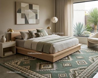 Alfombra de lana tejida a mano, color verde salvia, estilo tribal geométrico del suroeste.