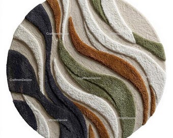 Alfombra moderna abstracta 3D de lana tejida a mano, alfombra redonda escultural de olas azul océano o terracota, alfombra circular de lujo artesanal de primera calidad.
