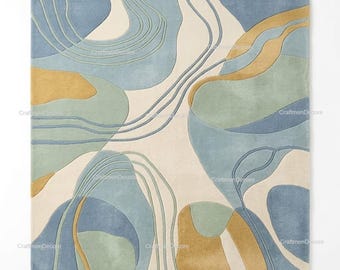 Alfombra de lana tejida a mano, alfombra de olas abstractas, arte de suelo costero azul mostaza.