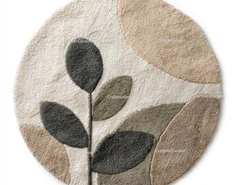 Alfombra moderna de lana tejida a mano con diseño de hojas en 3D, alfombra redonda escultural en verde salvia, carbón o terracota, alfombra circular de lujo artesanal de primera calidad.