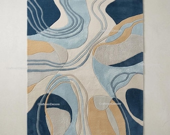 Alfombra de lana tejida a mano, alfombra de olas abstractas, arte de suelo costero en ocre azul.