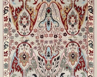 Alfombra de lana anudada a mano, alfombra oriental Boteh con estampado paisley gris y rojo.
