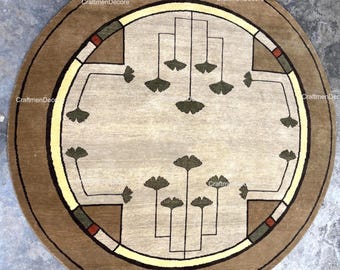 Alfombra minimalista floral de lana anudada a mano, alfombra moderna de loto en marrón caqui y beige, alfombra geométrica circular de lujo artesanal de primera calidad.