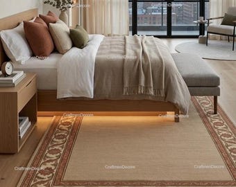 Alfombra tradicional de lana anudada a mano, alfombra con borde floral en tonos beige y óxido, alfombra minimalista oriental de lujo artesanal de primera calidad.