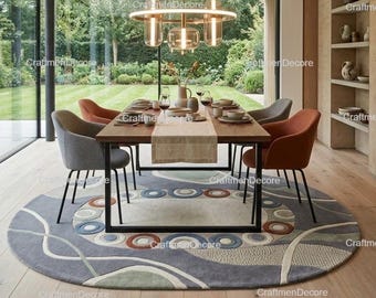 Alfombra moderna ovalada 3D de lana tejida a mano, alfombra escultural gris y verde salvia, alfombra circular de lujo artesanal con medallón de mosaico.